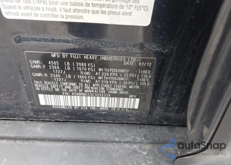 2012 Subaru Outback 2.5I Premium из США, поврежденный, VIN 4S4BRBCC5C3252339